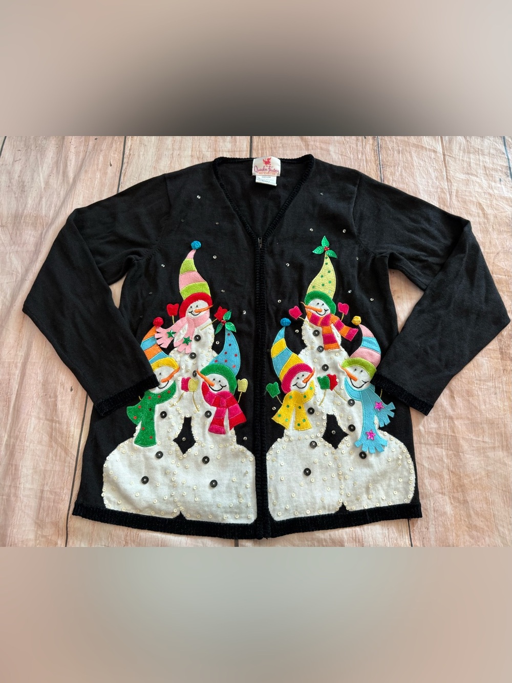 Vtg Quaker Factory Sweater Women M Black Sequin Beaded Christmas Holiday Snowmen